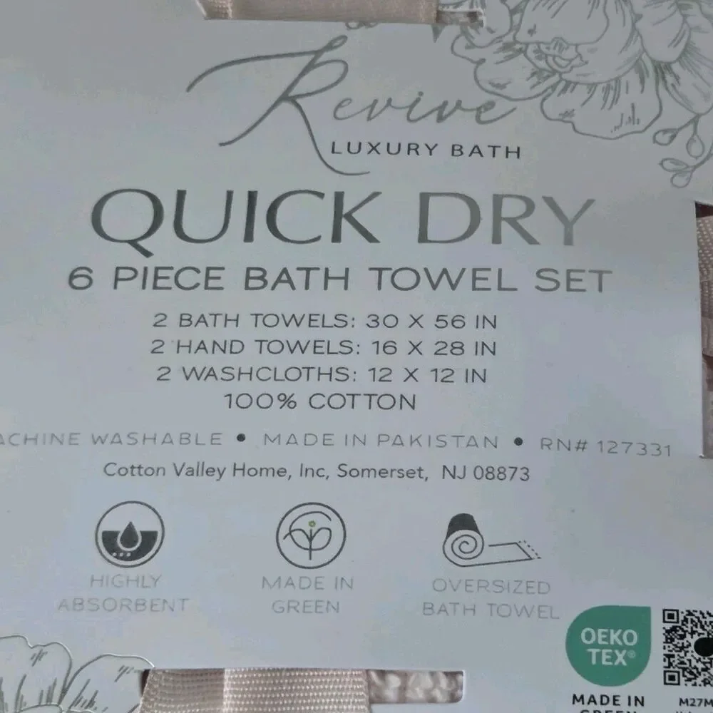 Revive Luxury Bath‎ 6pc Pink Cotton Towel Set Zero Twist 2Bath 2Hand 2Washcloths